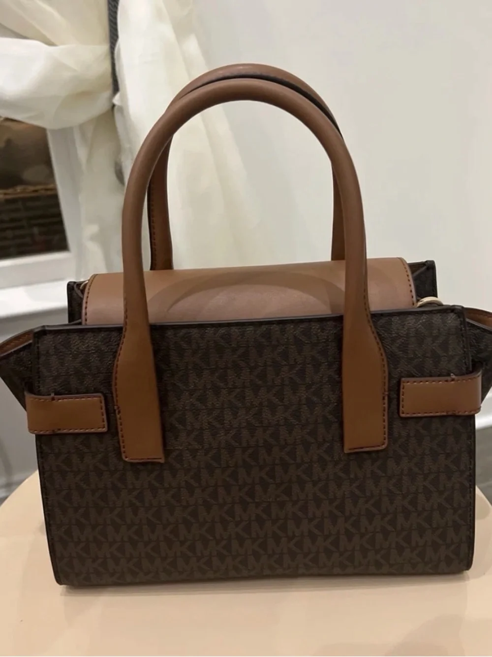 Michael Kors Dark Brown MK Logo Satchel with Tan Trim